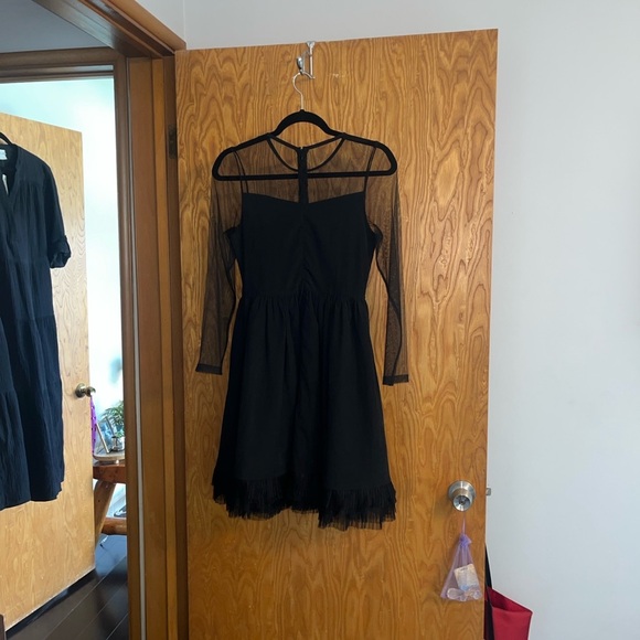 RYU Anthropology NWOT black mini dress w/sheer mesh long sleeves tulle hem Small - Picture 9 of 9